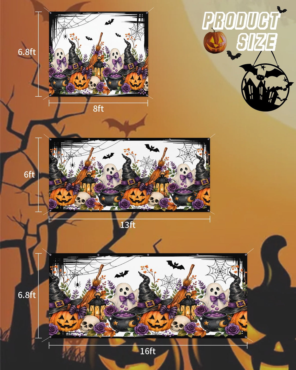 Halloween Garage Door Banner Cover 7 x 16 ft Fall Fantasy Ghosts Wizard Hats Lanterns Bubbling Potions Garage Door Decoration Hanging Garage Door Cover Backdrop Wall Decoration for Outdoor Home Party