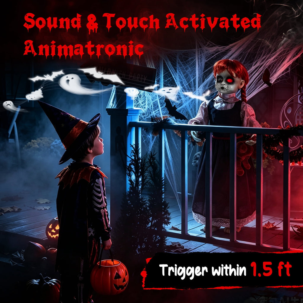 Halloween Decor Animatronic Prop Areker 35in Haunted Little Girl, Touch & Sound Activated Scary Ghost Doll with Red LED Glowing Eye, Outdoor Indoor Horror Decor with Stable Sand Weight Base