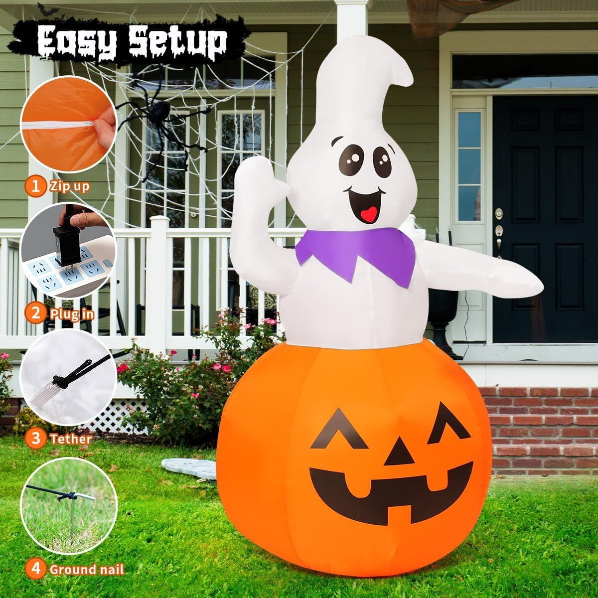 Inflatable Pumpkin Ghost Decoration with LED Lights for Halloween Outdoor Yard