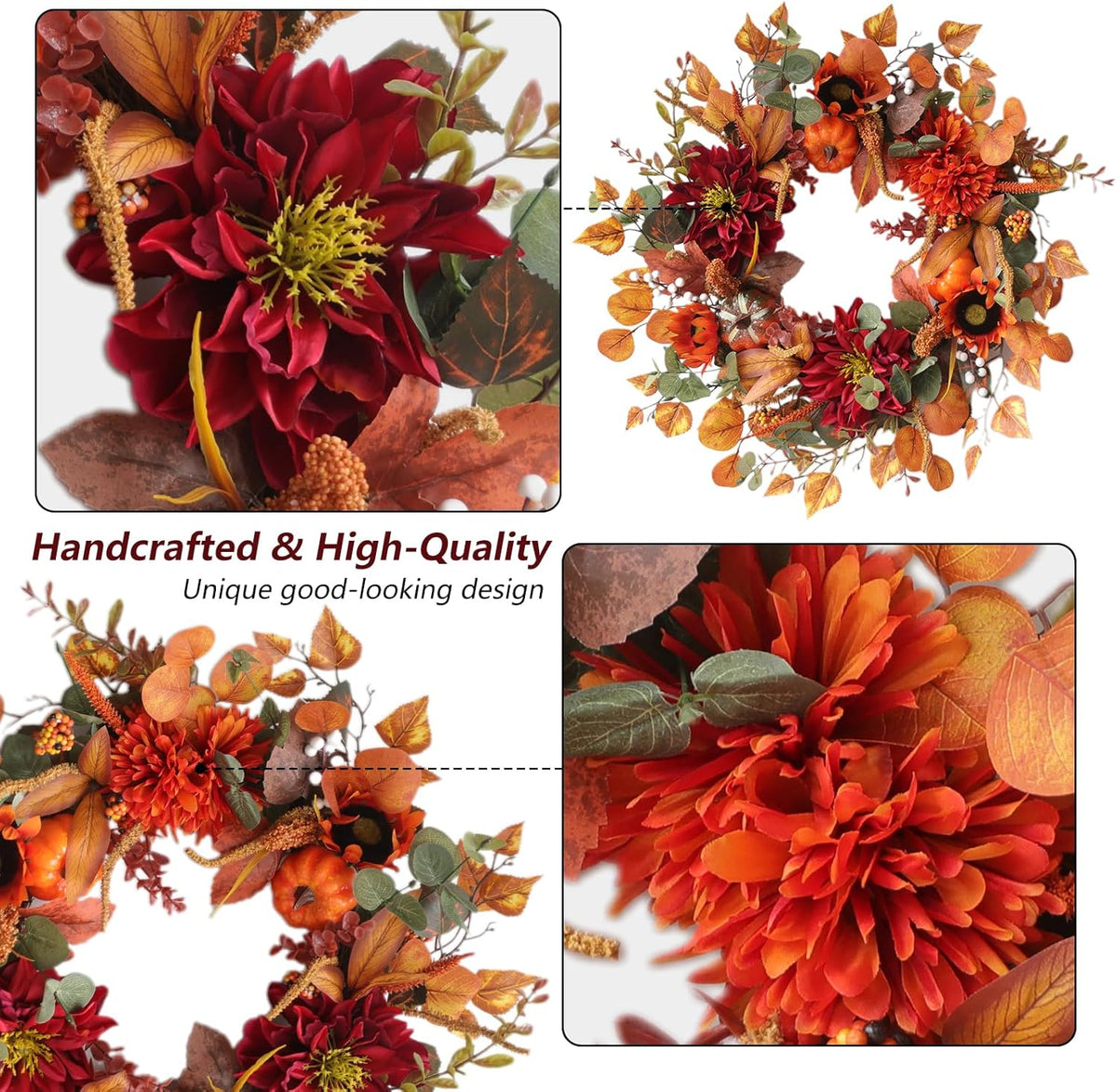 24 Inch Fall Wreaths for Front Door Outside, Fall Door Wreath with Pumpkins,Dahlia,Sunflowers, Maple Leaves,Autumn Wreaths Decorations for Harvest Thanksgiving Halloween Indoor Outdoor Home Decor