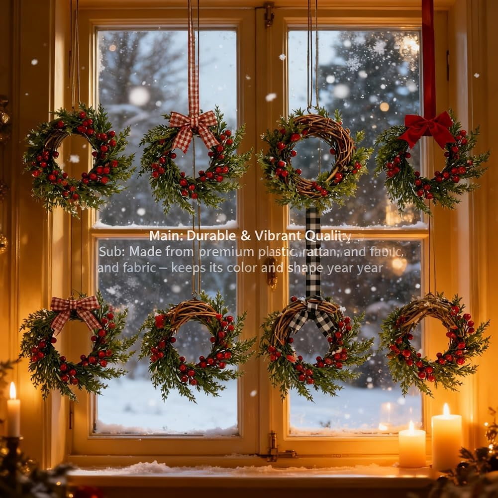 Christmas Mini Wreaths, Set of Small Artificial Pine Cabinet Rings with Bows & Berries, Holiday Door & Window Decor, Hanging Indoor Outdoor Christmas Decorations (Black/Red Check, 10PCS)