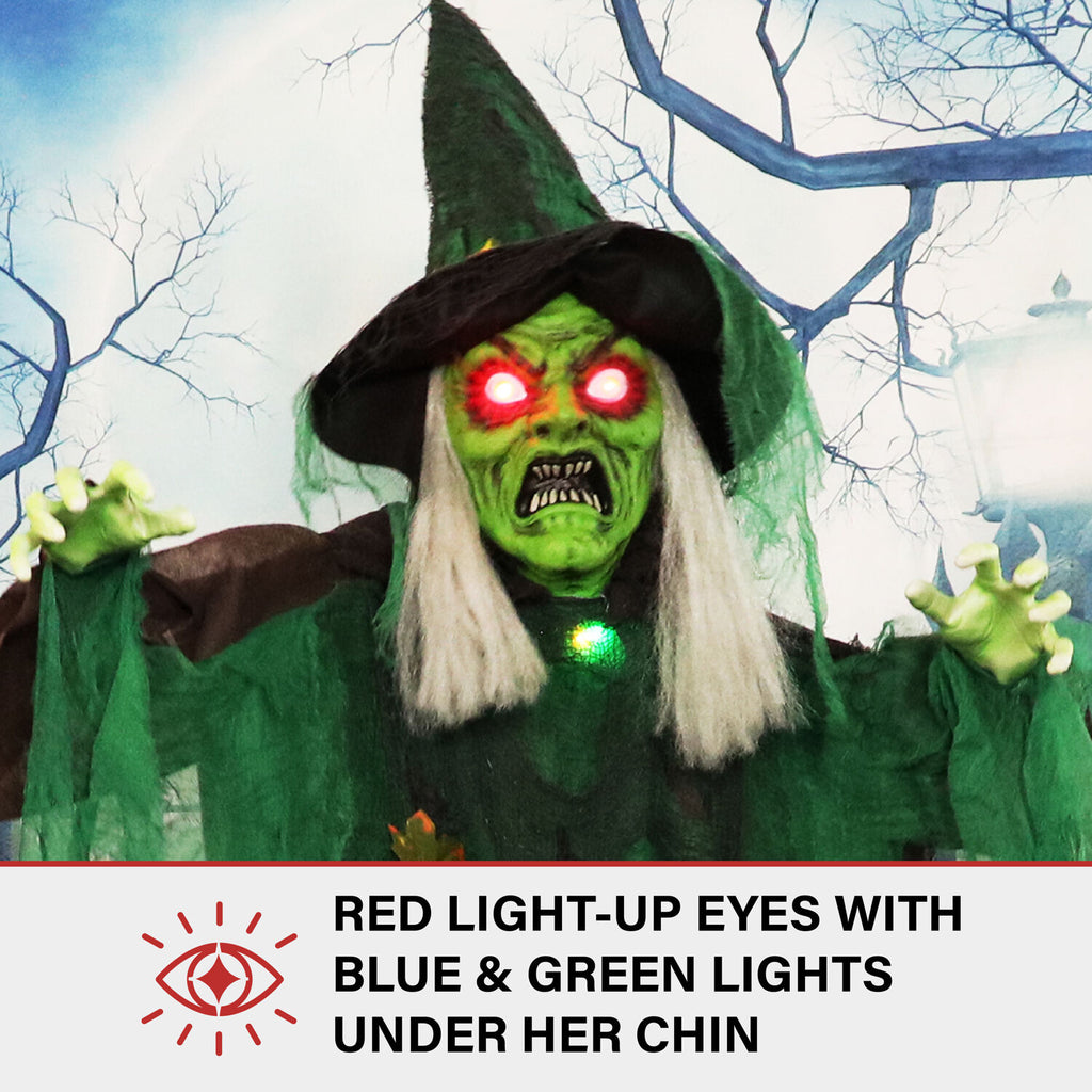 Haunted Hill Farm 6 ft Animatronic Talking Forest Witch with Movement and Lights for Scary Halloween Decoration, HHWITCH-44FLSA