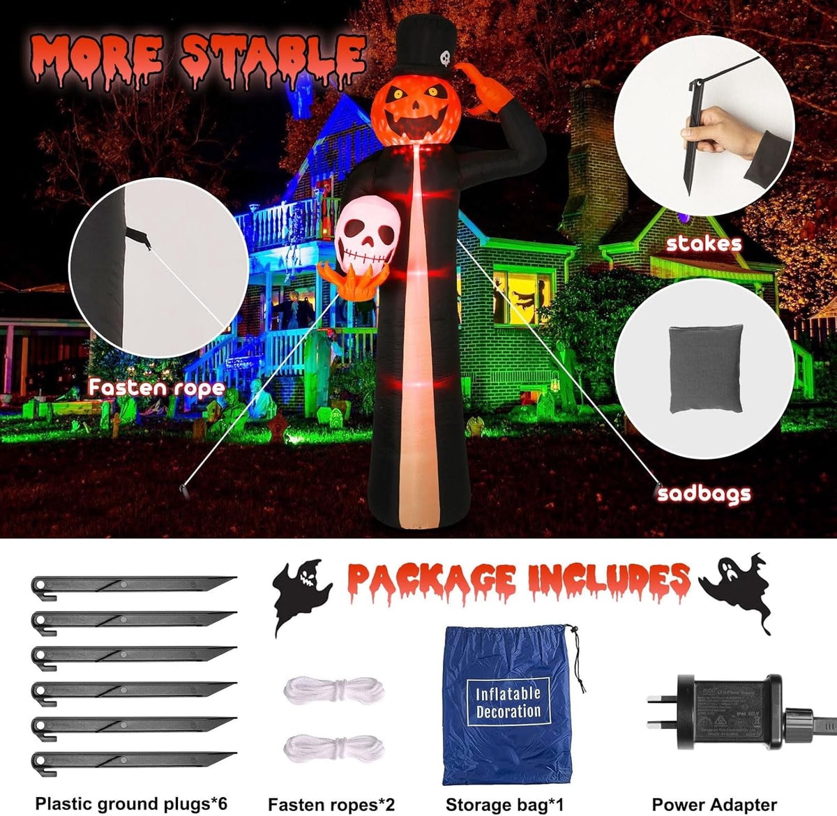Novtech 10 FT Grim Reaper Halloween Inflatables, Pumpkin Head, Motion Activated Scream, 8 RGB Light Modes, Blow Up Outdoor Yard Decorations for Trick or Treat, Lawn Garden Party & Scary Haunted House