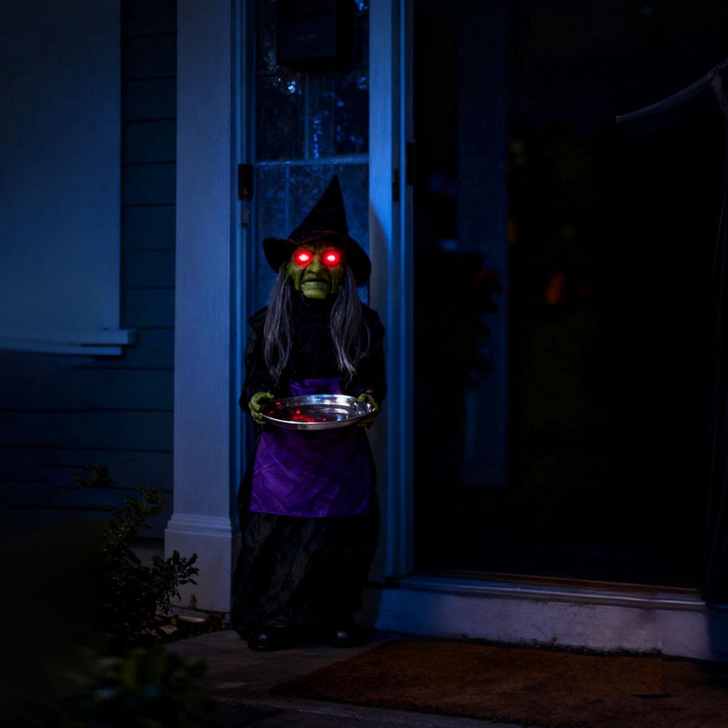 39.37" Animated Halloween Witch Candy Holder, Halloween Decorations, Life-Size Witch with Light-Up Eyes, Moving Jaw & Sound for Yard & Porch Decor