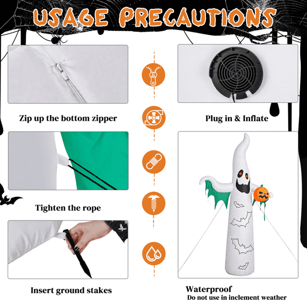 Alvantor 11.8 ft Ghost Halloween Inflatable with Pumpkin, 4 LED Lights and 82-Light Flashing Bat String, White and Green