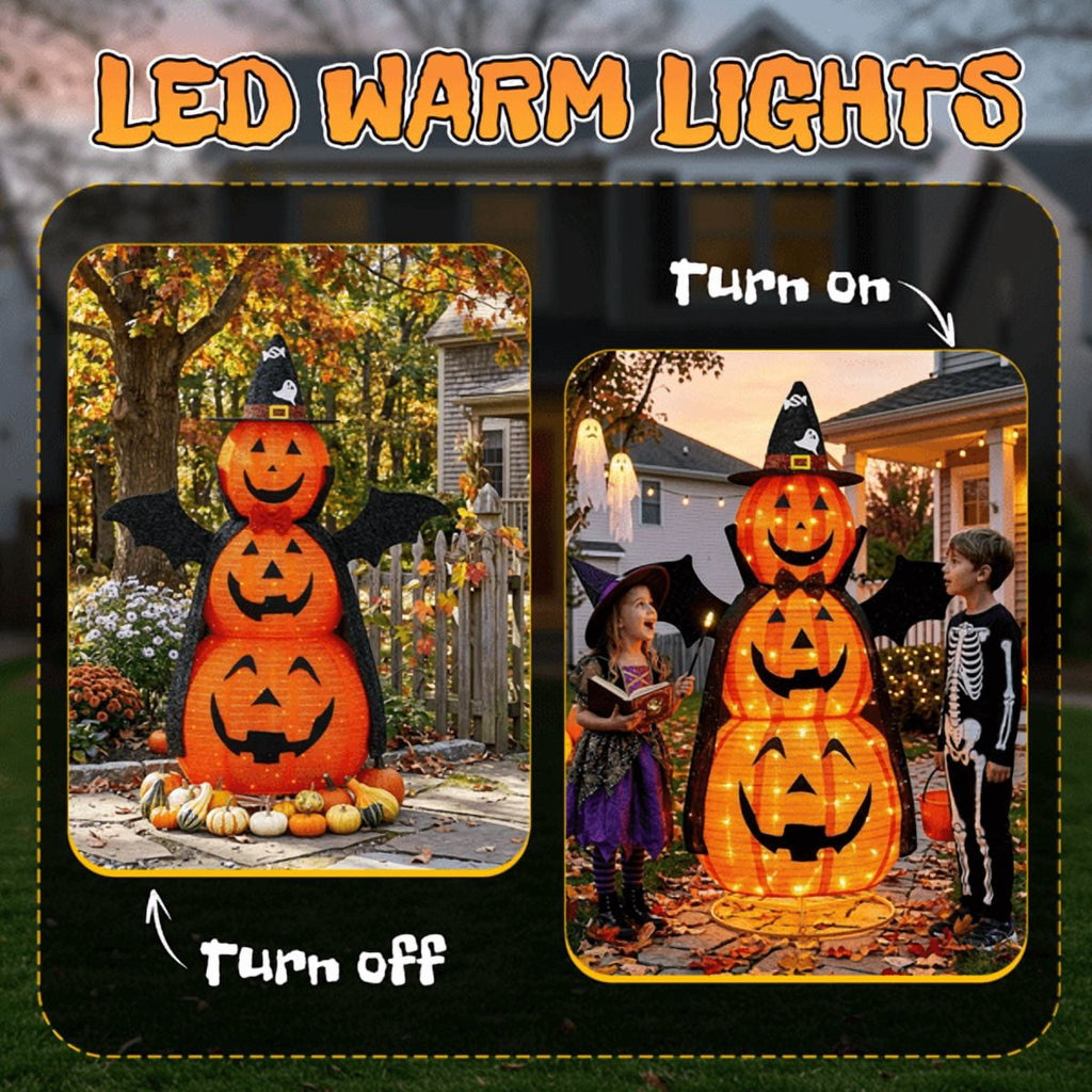 Alvantor 5 ft Lighted 3-Tier Pop-Up Pumpkin Halloween Decoration with Witch Hat, Cape, Bat Wings and 130 Warm White LEDs, Orange