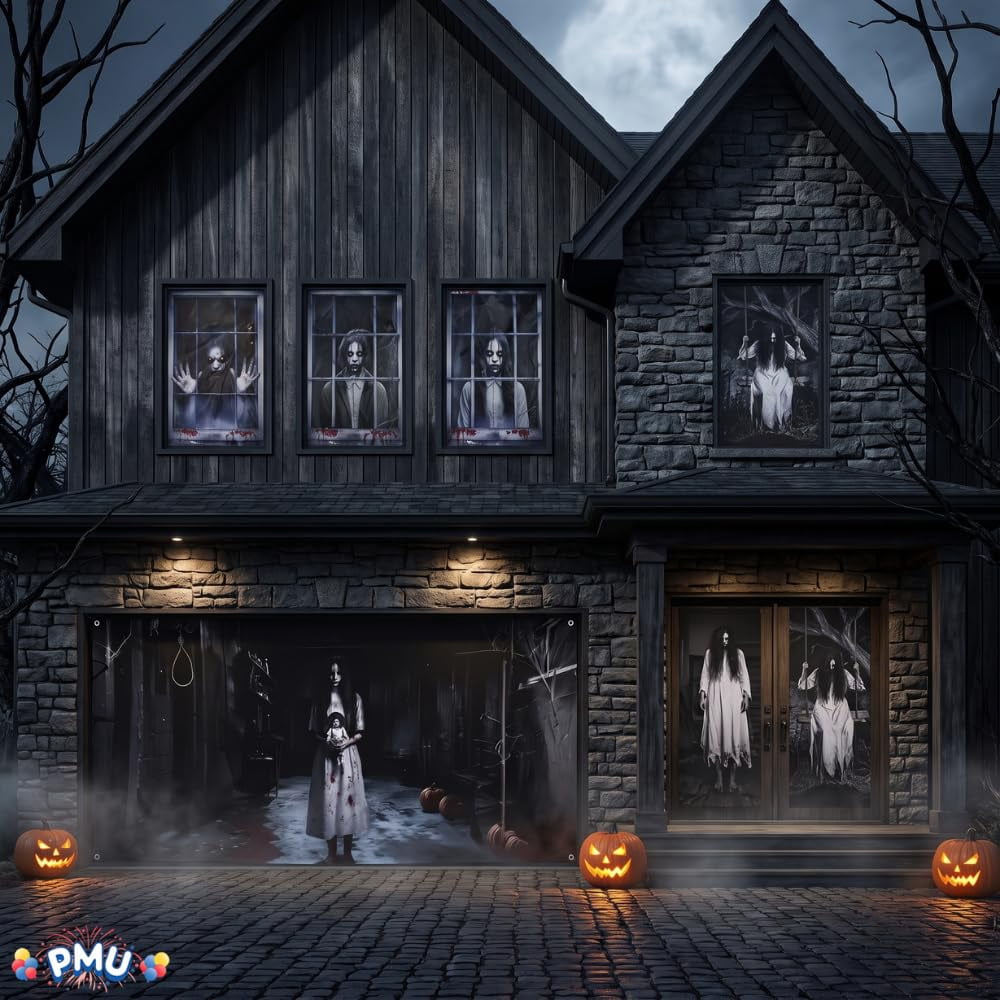 PMU 7-Piece Halloween Garage Door Cover Set, 16 x 7 ft, Skeleton Window & Door Decorations