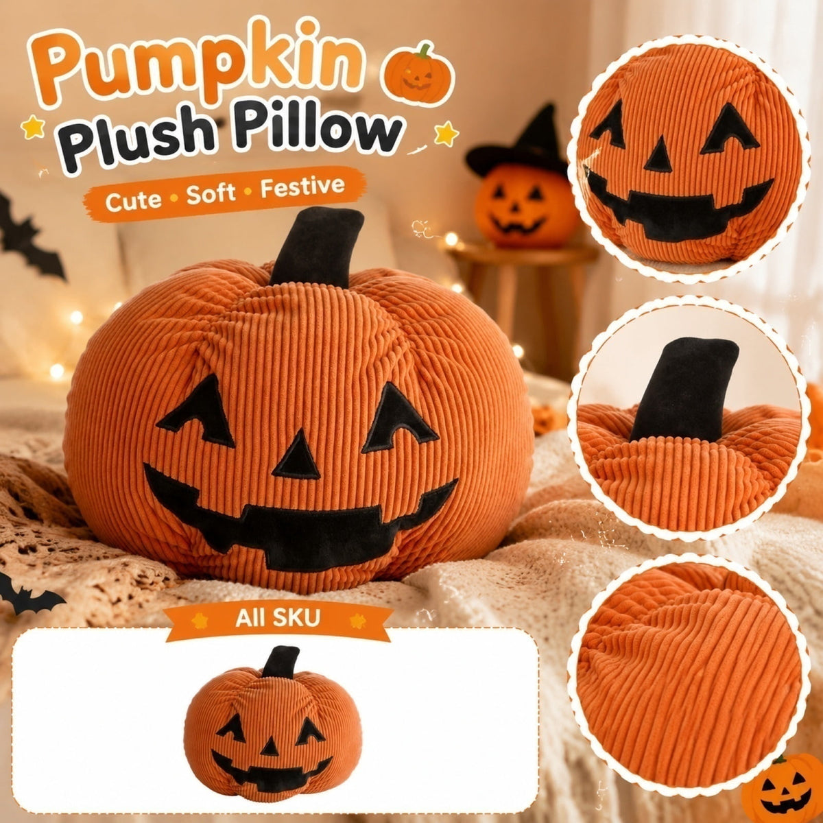 Corduroy Jack-o'-Lantern Throw Pillow, 11" Fabric Pumpkin Tabletop Mantel Shelf Fall Autumn Thanksgiving Halloween Decorations for Home, Terracotta Orange Corduroy
