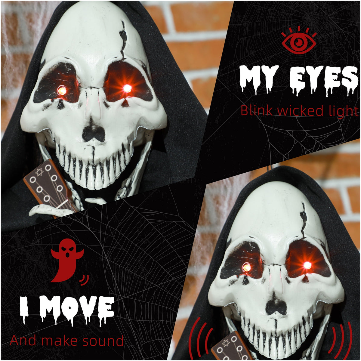 JERFIT Halloween Animatronic Grim Reaper Prop with Motion Sound Activation, Light Up Eyes and Guitar Music for Scary Outdoor Indoor Decor