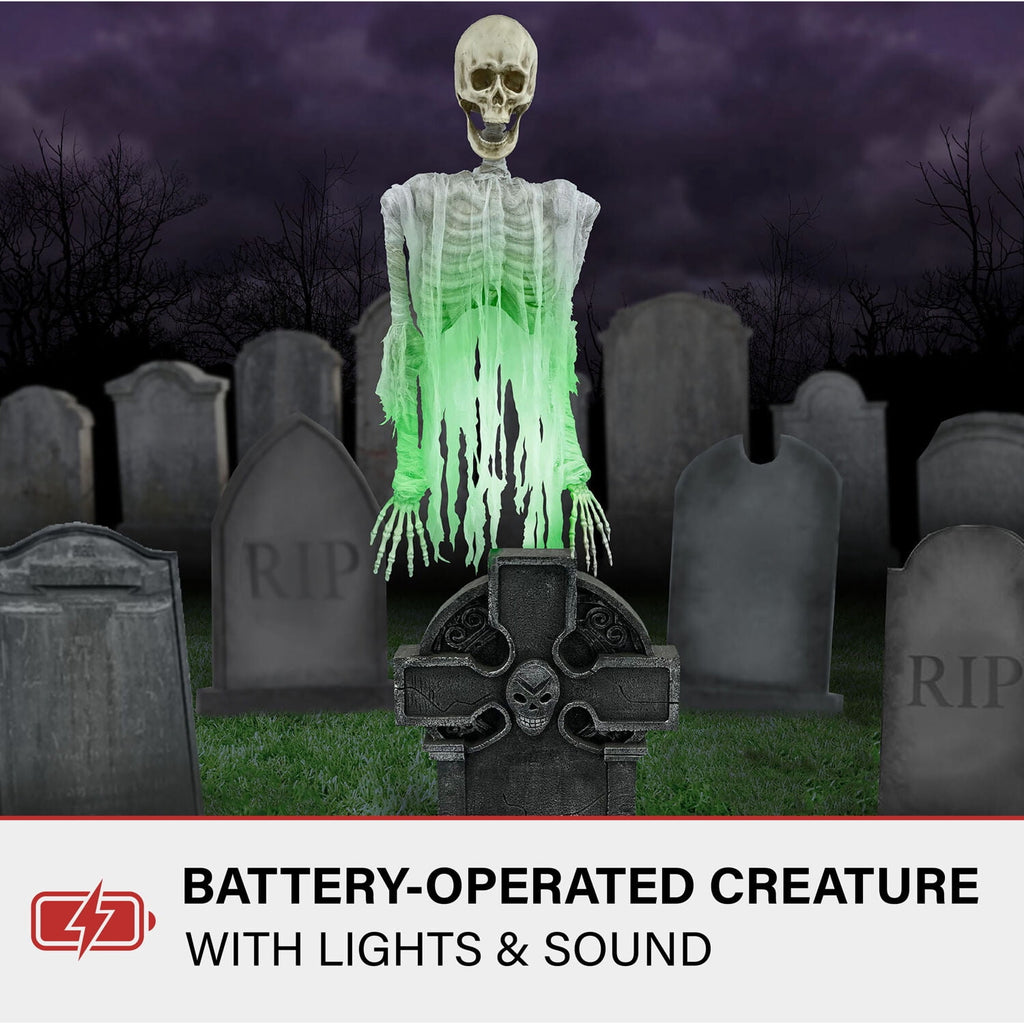 Haunted Hill Farm 5.8-Ft. Motion-Activated Floating Skeleton Ghost Over Tombstone by Tekky, Premium Halloween Animatronic, Battery Operated