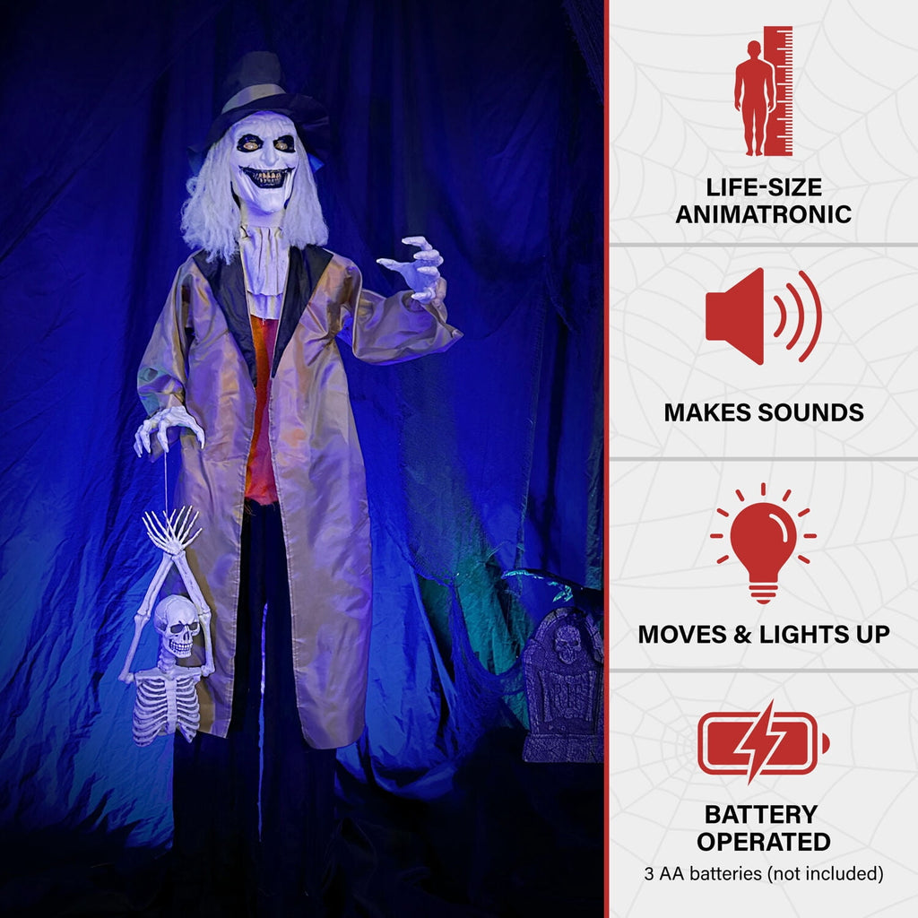 Haunted Hill Farm 5.25 ft Jebediah Bones Animatronic Gravekeeper, Indoor or Covered Outdoor Halloween Decor, Red LED Eyes, Battery-Operated, HHGRVKPR-1FLSA