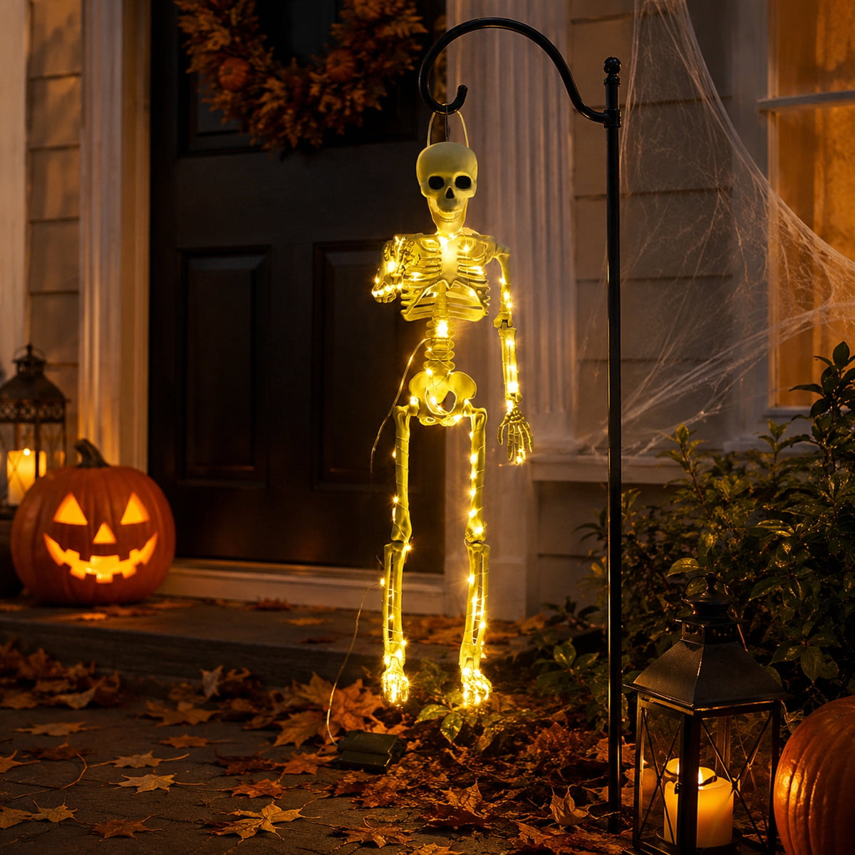 Halloween Light-Up Hanging Skeleton with Warm LED String Lights, 40" Glowing Full Body Plastic Skeleton Ornament with Movable Joints, Indoor Outdoor Halloween Porch Wall Party Decor