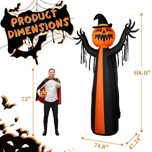 Alvantor 9.8 ft Pumpkin Ghost Halloween Inflatable with Rotatable Head, 6 LED Lights and Built-in Blower, Black and Orange