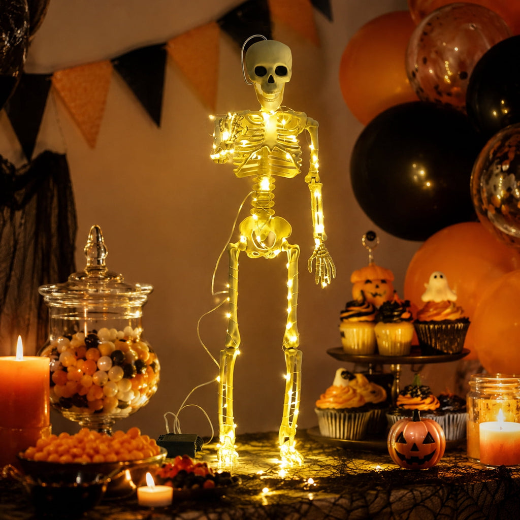 Halloween Light-Up Hanging Skeleton with Warm LED String Lights, 40" Glowing Full Body Plastic Skeleton Ornament with Movable Joints, Indoor Outdoor Halloween Porch Wall Party Decor