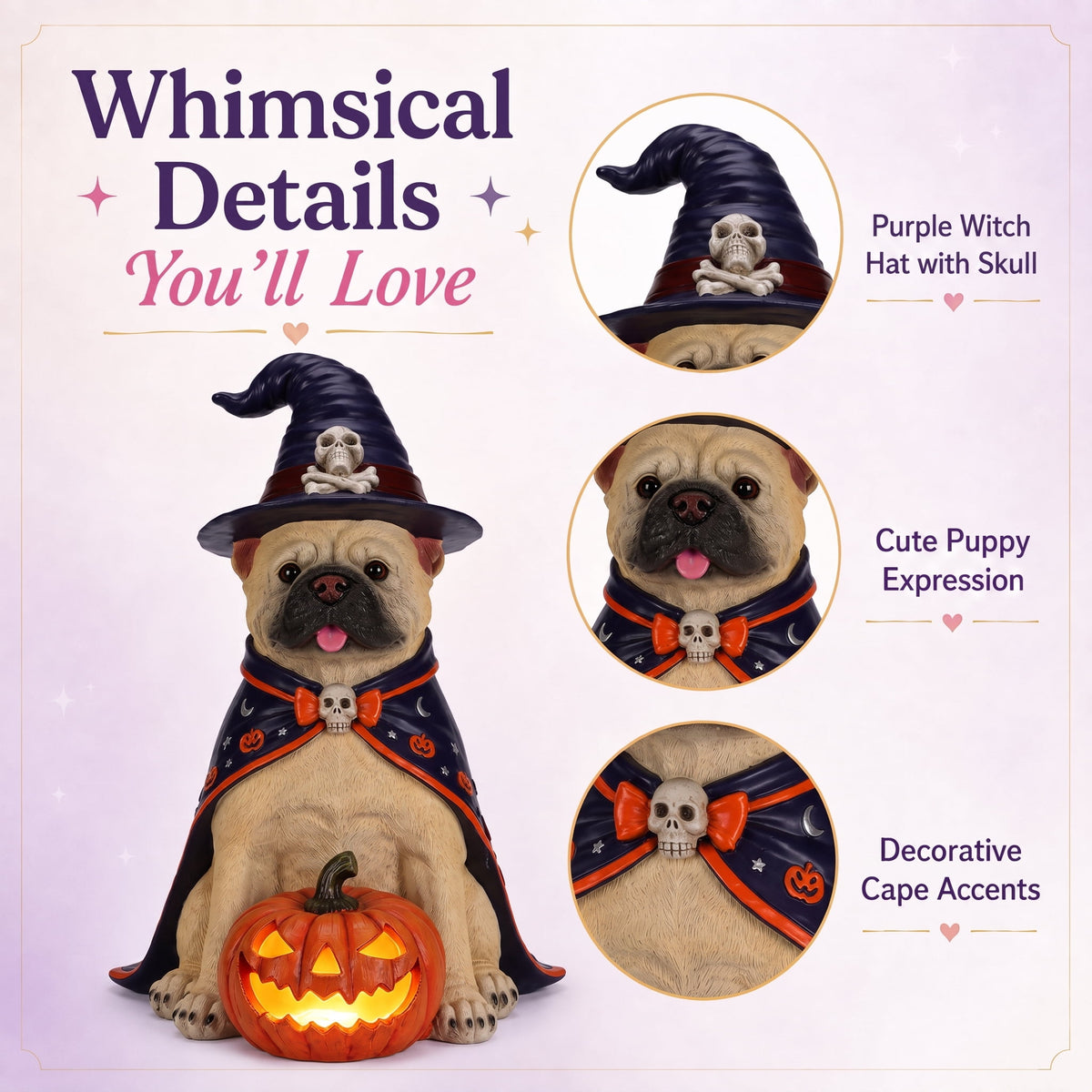 A7Store Halloween Golden Retrieve Dog Indoor Outdoor Porch Statue with Lighted Pumpkin, Pink Witch Hat and Cape