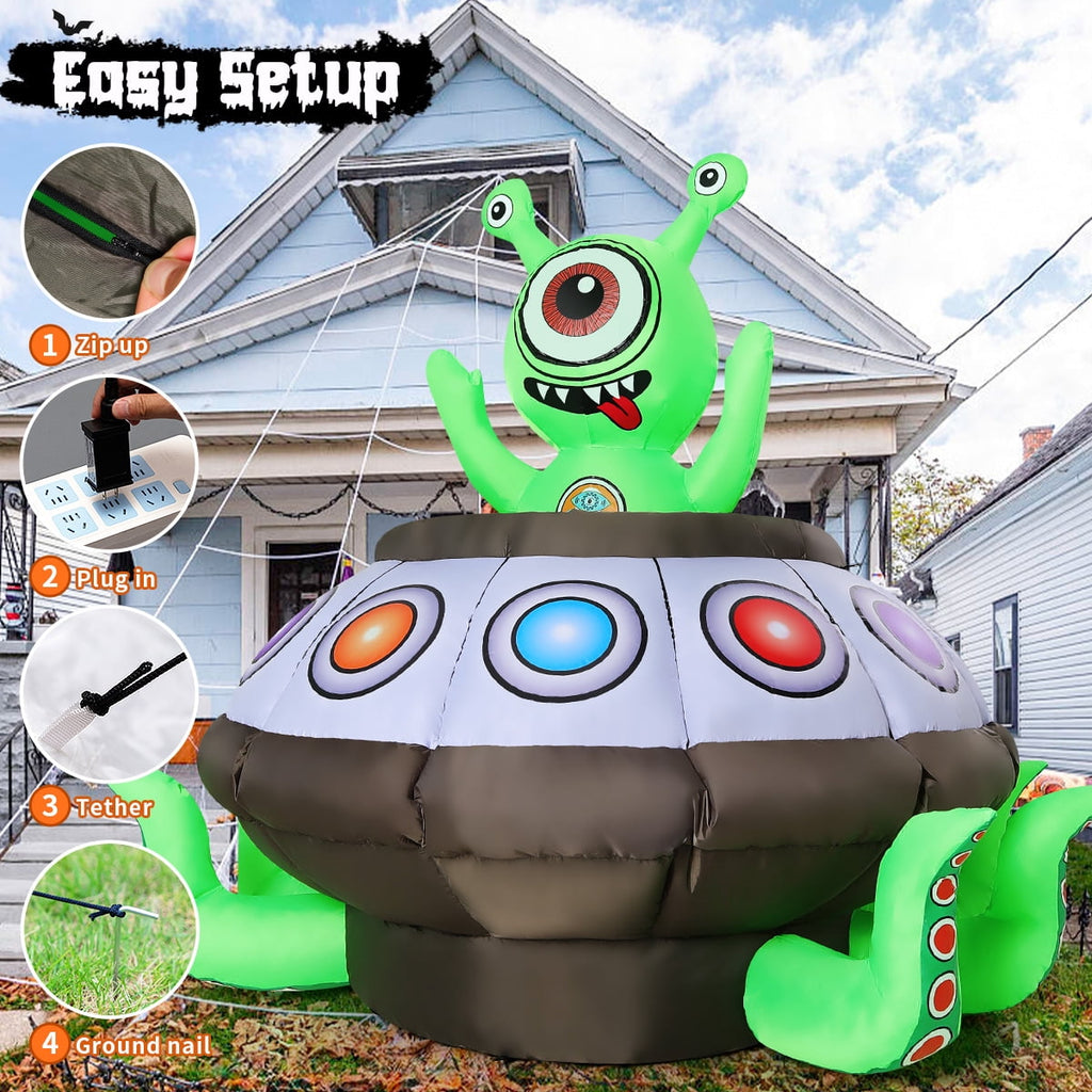 GOOSH Halloween Inflatables 5.2 FT Animated Alien Spaceship Inflatable, Blow up Alien Spaceship with Built-in LED Lights, Outdoor Halloween Decorations for Halloween Holiday Party Indoor Outdoor