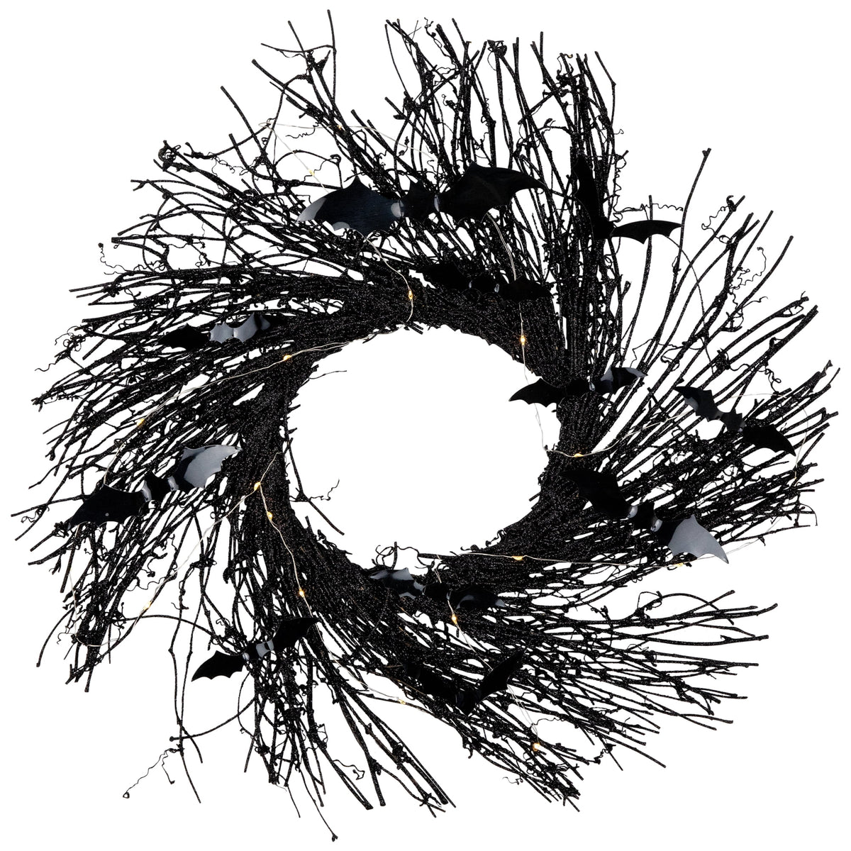 Northlight Lighted Halloween Twig Wreath with Bats - Warm White LED Lights - 22" - Black