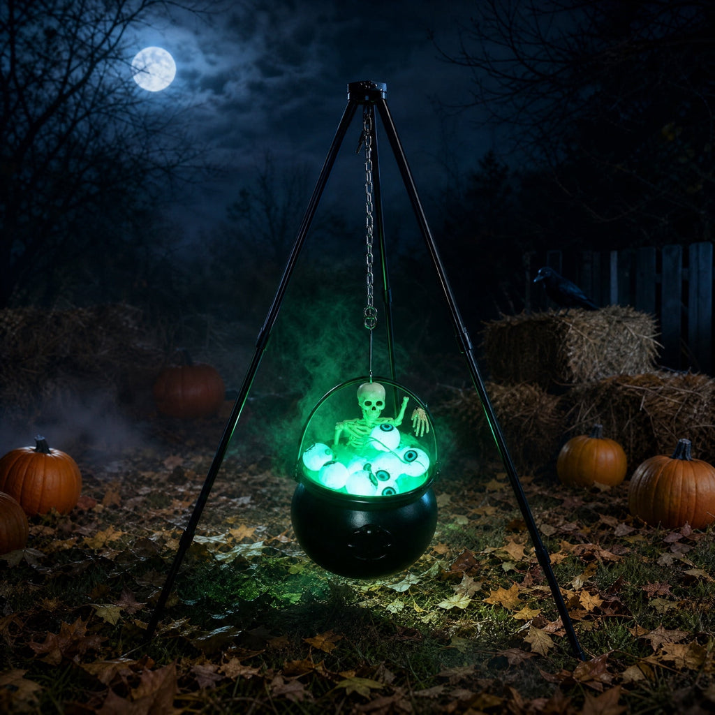 Spooky Halloween Cauldron Decoration 12 Inch with Tripod Stand, Skeleton Glowing Eyeballs, Green Led Light, Witch Pot Prop for Outdoor Yard, Porch, Party, Garden, Patio, Front Door, Indoor Home Decor