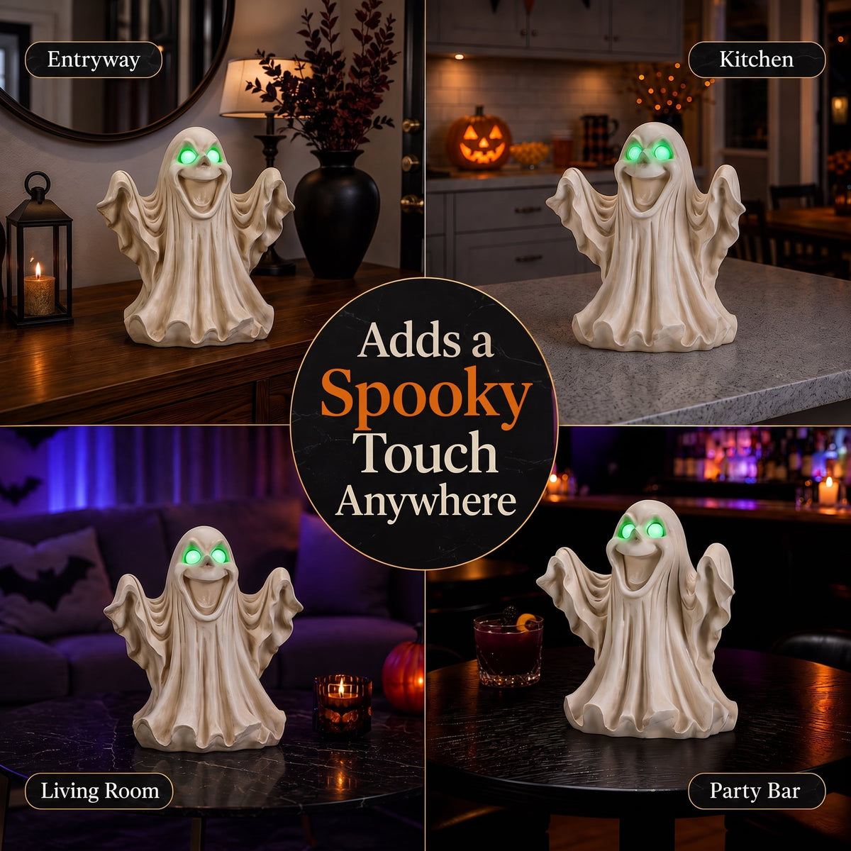 Large 13-Inch Lighted Halloween Ghost Decoration, Resin Figurine with Green LED Eyes, Battery Operated Tabletop Statue for Mantel and Party