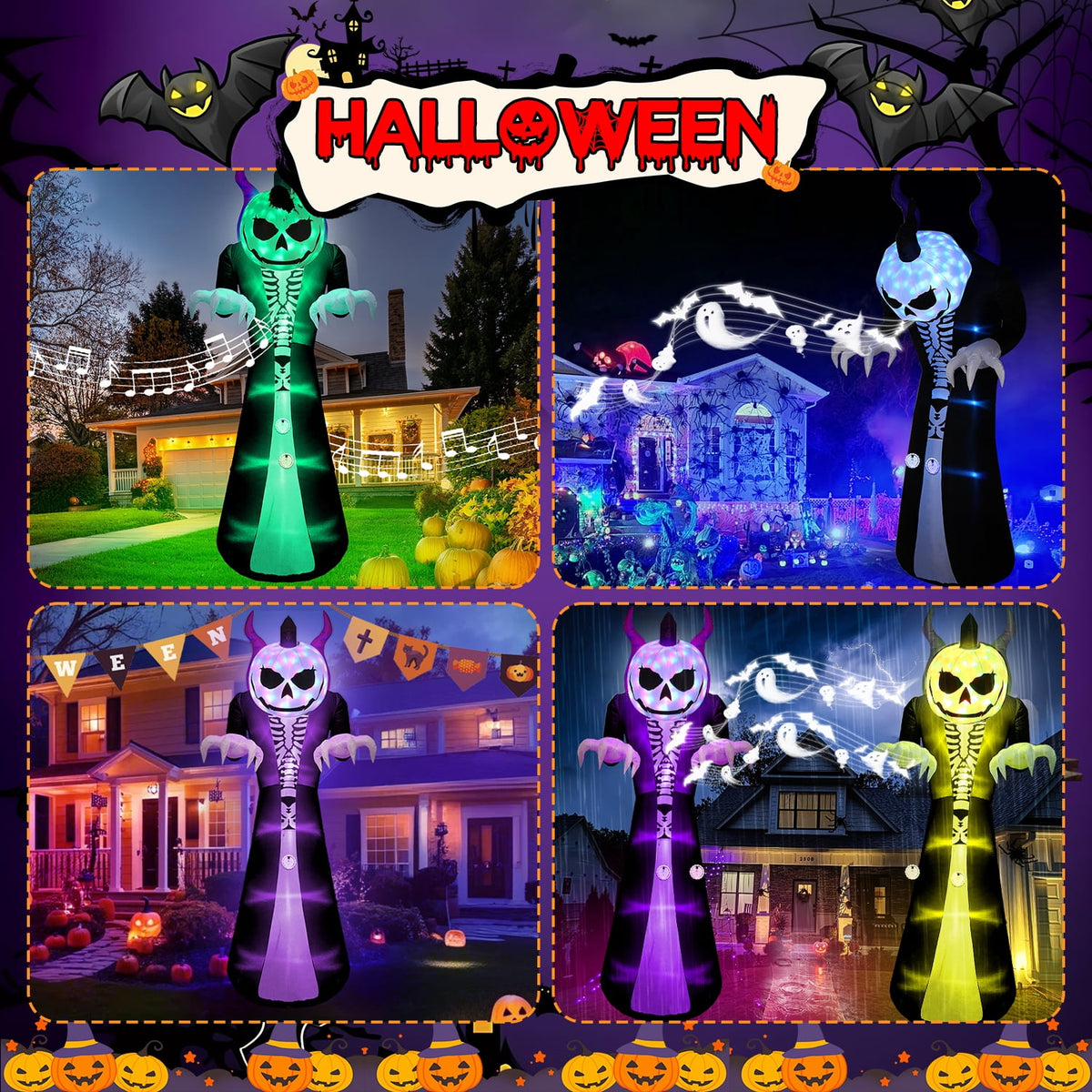 Novtech 10 FT Grim Reaper Halloween Inflatables, Pumpkin Head, Motion Activated Scream, 8 RGB Light Modes, Blow Up Outdoor Yard Decorations for Trick or Treat, Lawn Garden Party & Scary Haunted House