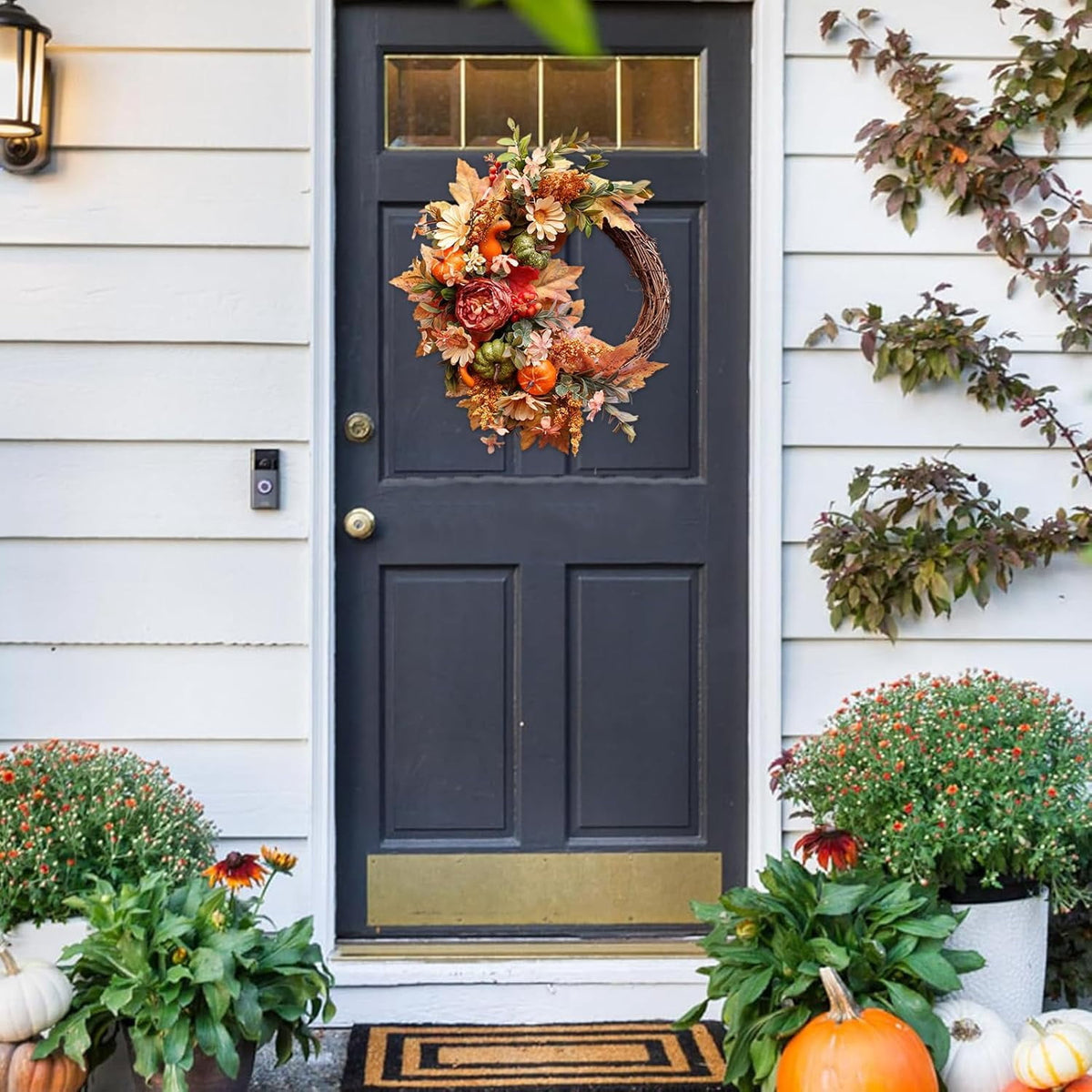 24 Inch Fall Wreaths for Front Door Outside, Fall Door Wreath with Pumpkins,Dahlia,Sunflowers, Maple Leaves,Autumn Wreaths Decorations for Harvest Thanksgiving Halloween Indoor Outdoor Home Decor