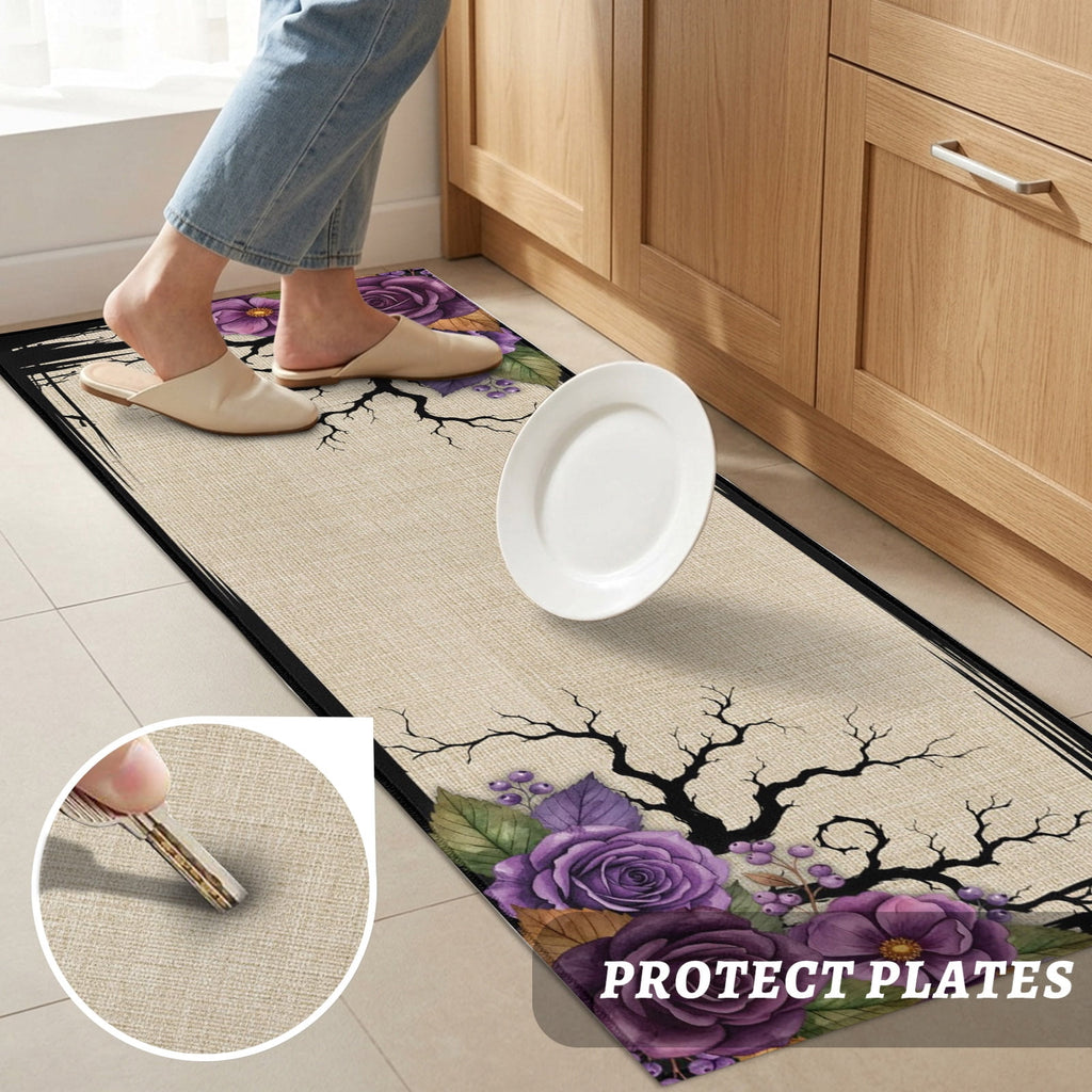 Halloween 2 Pieces Non-Slip Kitchen Mat Set, Dark Romantic Vintage Purple Rose Goth Tree Linen Texture Soft Door Mat with Rubber Backing, Dirtproof Rugs for Entrance Doorway, 19.7x31.5in+19.7x47.2in