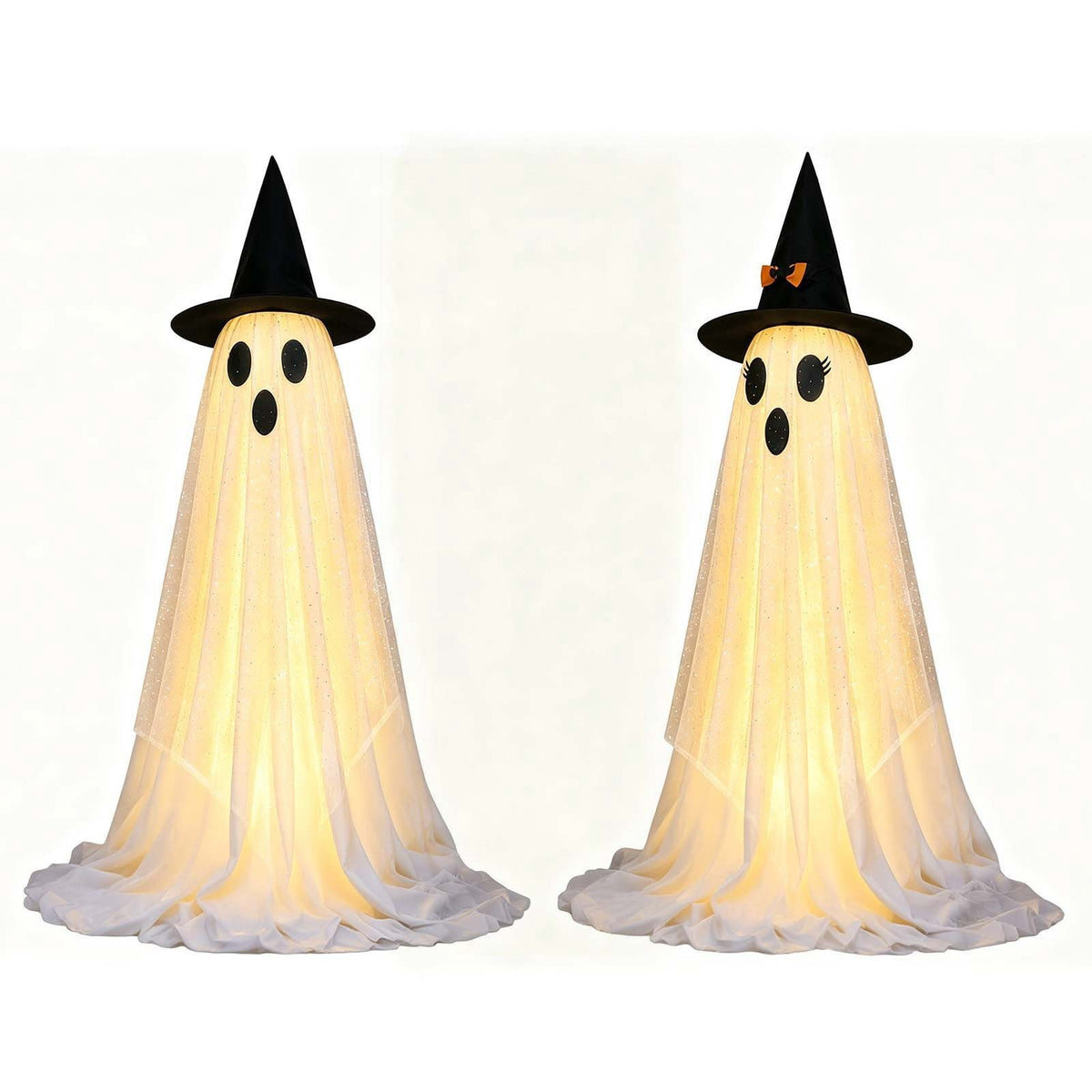 2 Pack Light Up Standing Tulle Ghost Halloween Decorations with Witch Hat, Warm LED Fairy Light Ghost Yard Stakes, Spooky Cute Ghost Outdoor Lawn Porch Mantel Home Halloween Party Decor