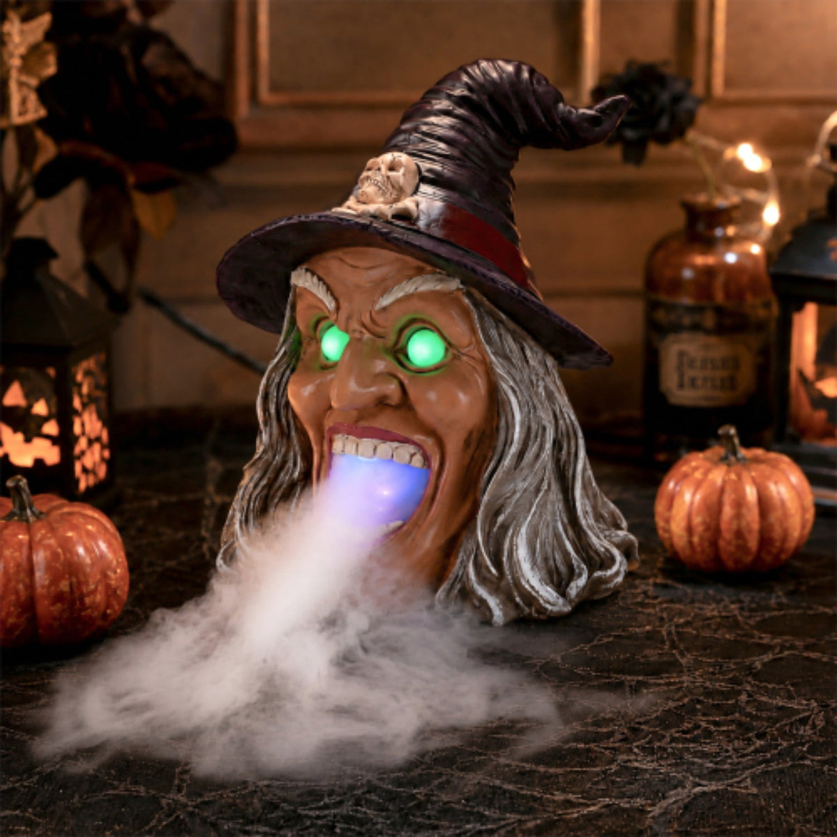 SpookHaven Halloween Jack‑O‑Lantern Pumpkin Mist Sprayer Figurine, LED Light‑Up Fogger with Witch Hat & Skull Decoration, Spooky Ornament for Tabletop Entryway Halloween Party Home Decor