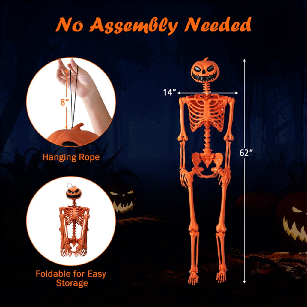 ECOBUY 5.5ft Life-Size Poseable Halloween Skeleton with Pumpkin Head, Orange Full-Body Realistic Decor, Movable Joints for Indoor & Outdoor Scary Display