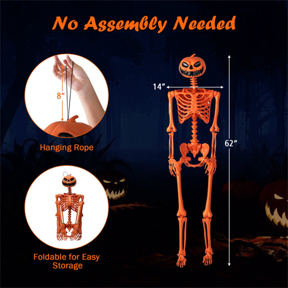 ECOBUY 5.5ft Life-Size Poseable Halloween Skeleton with Pumpkin Head, Orange Full-Body Realistic Decor, Movable Joints for Indoor & Outdoor Scary Display