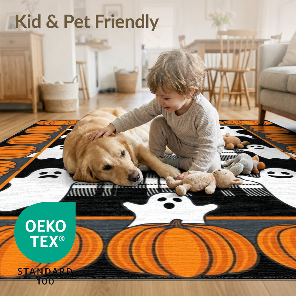 ODIKA Halloween Spooky Pumpkin Phantom Striped Entrance Door Doormat for Playroom, Bedroom, Reading Nook, Pet Friendly & Kids Safe Play