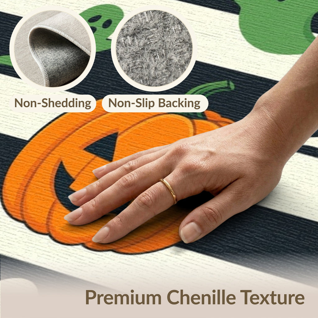 ODIKA Halloween Spooky Pumpkin Phantom Striped Entrance Door Doormat for Playroom, Bedroom, Reading Nook, Pet Friendly & Kids Safe Play