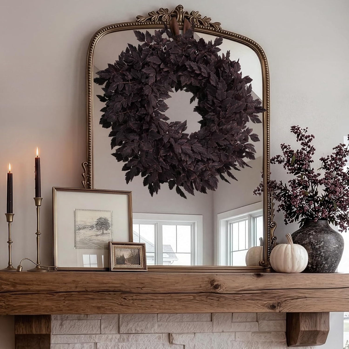 Fall Wreath 24 Inch Cimicifuga Leaves For Front Door Halloween Decor
