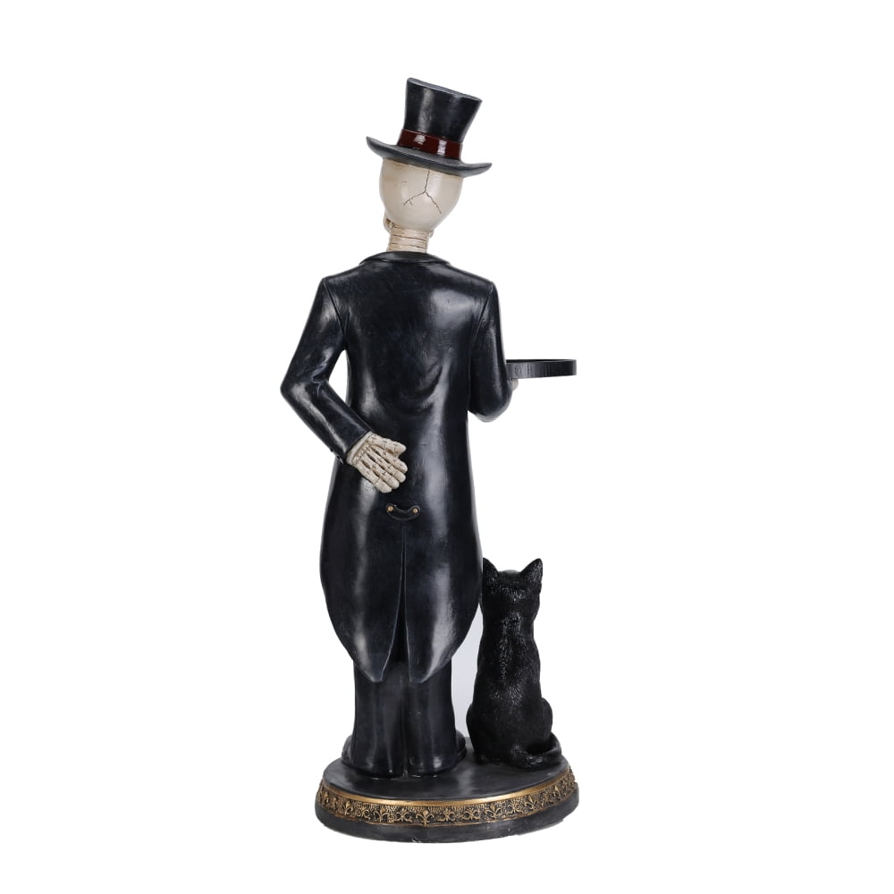 Halloween Skeleton Butler Floor Statue with Serving Tray & Black Cat, Resin Gothic Home Decor for Entryway Porch Living Room