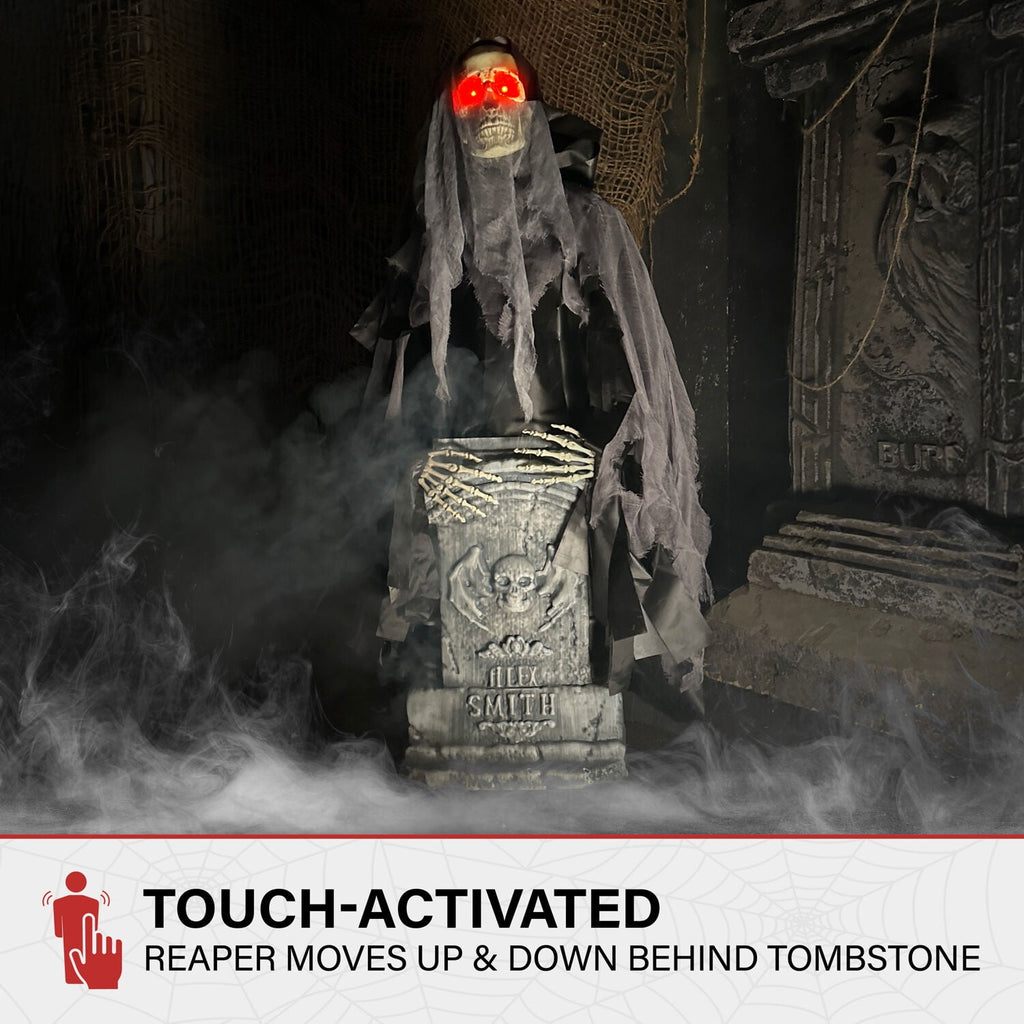 Haunted Hill Farm 3.0-Ft. Touch-Activated Rising Reaper with Tombstone Halloween Accessory