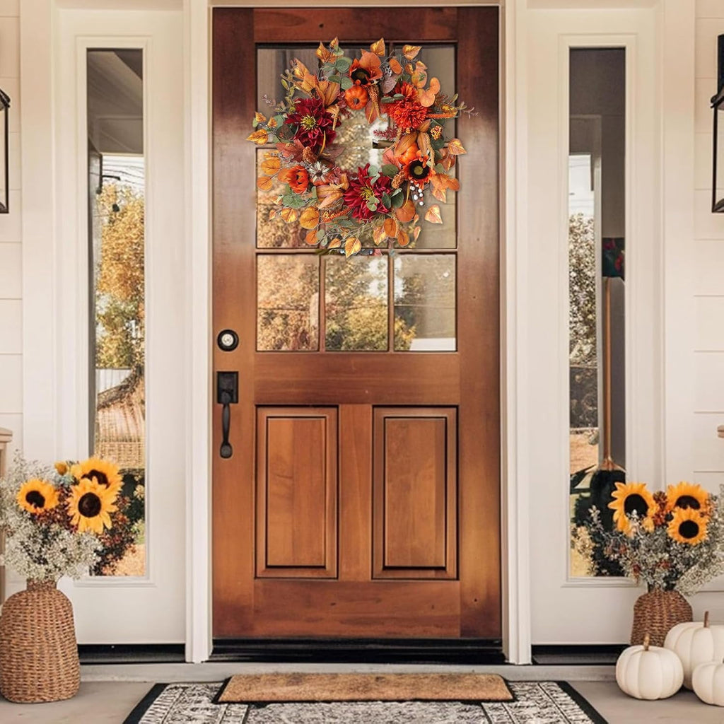 24 Inch Fall Wreaths for Front Door Outside, Fall Door Wreath with Pumpkins,Dahlia,Sunflowers, Maple Leaves,Autumn Wreaths Decorations for Harvest Thanksgiving Halloween Indoor Outdoor Home Decor