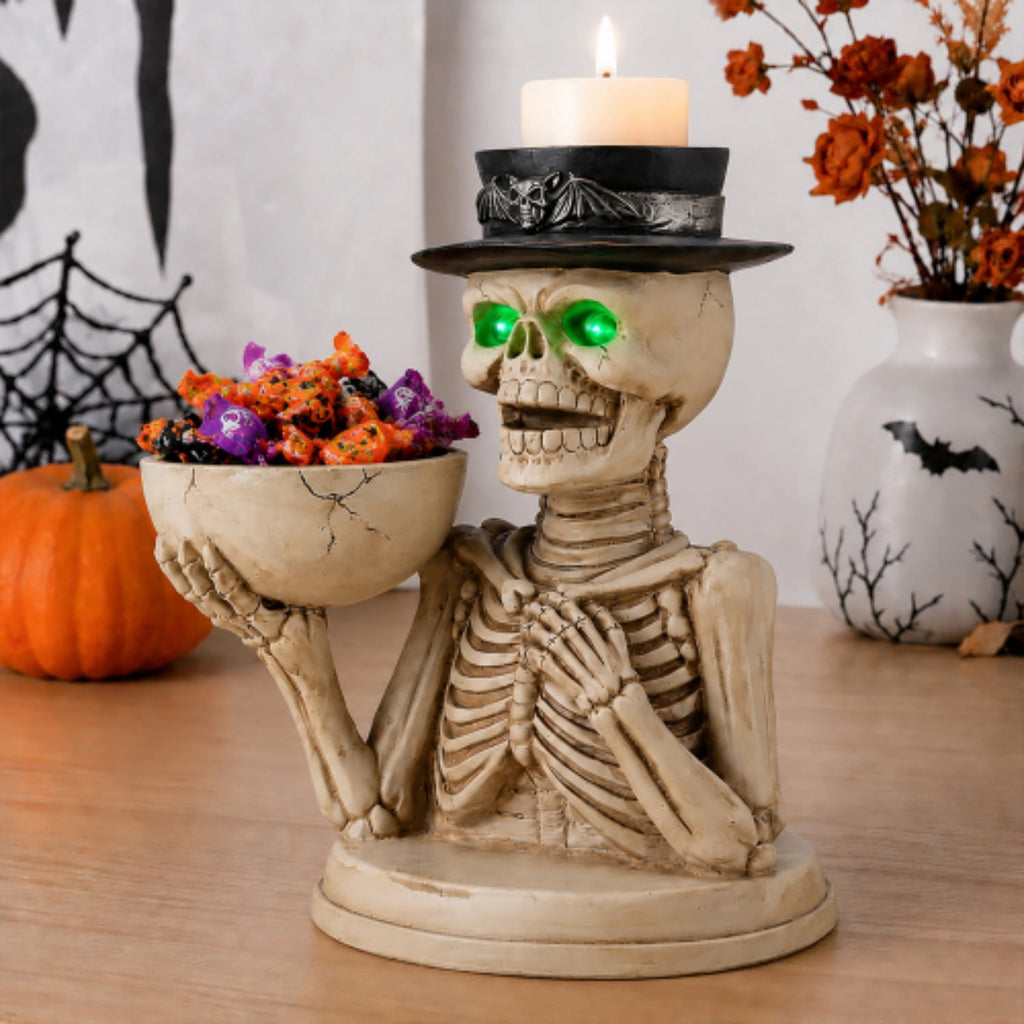 Halloween Skeleton Butler Floor Statue with Serving Tray & Realistic Black Cat, 35.43 Inch Gothic Resin Standing Decor for Entryway, Porch, Living Room, Halloween Party Home Decoration