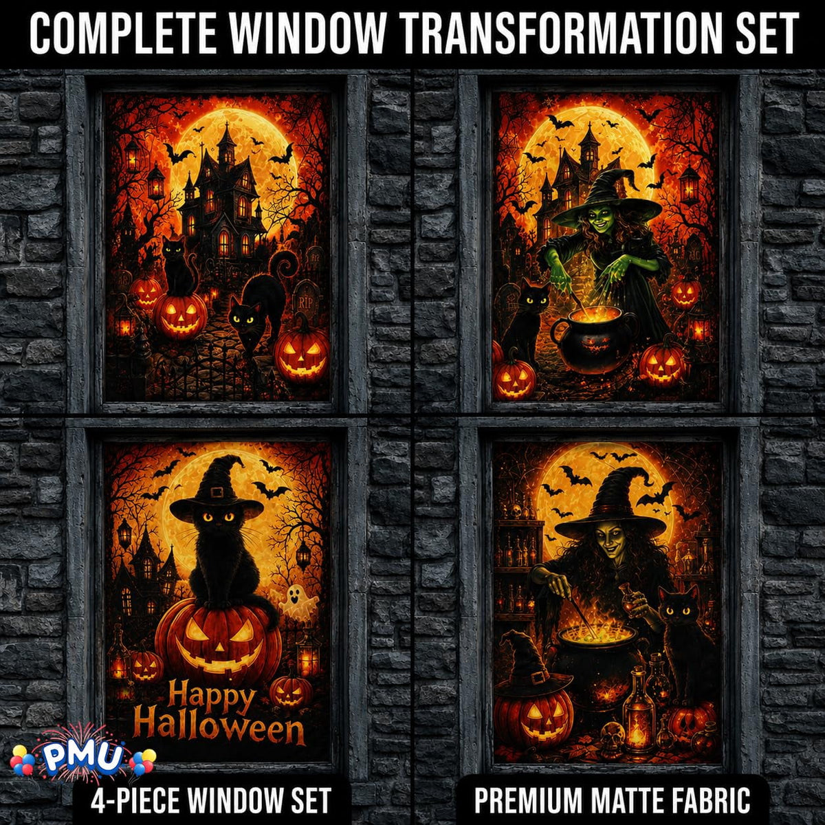 PMU 7-Piece Halloween Garage Door Cover Set, 16 x 7 ft, Skeleton Window & Door Decorations