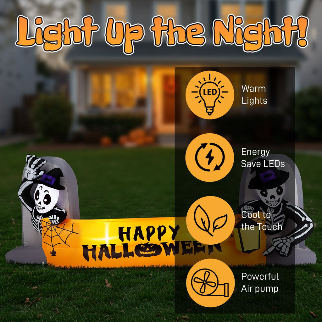 9.6FT Inflatable Skeleton Holding Happy Halloween Banner with LED Lights for Yard Garden Party