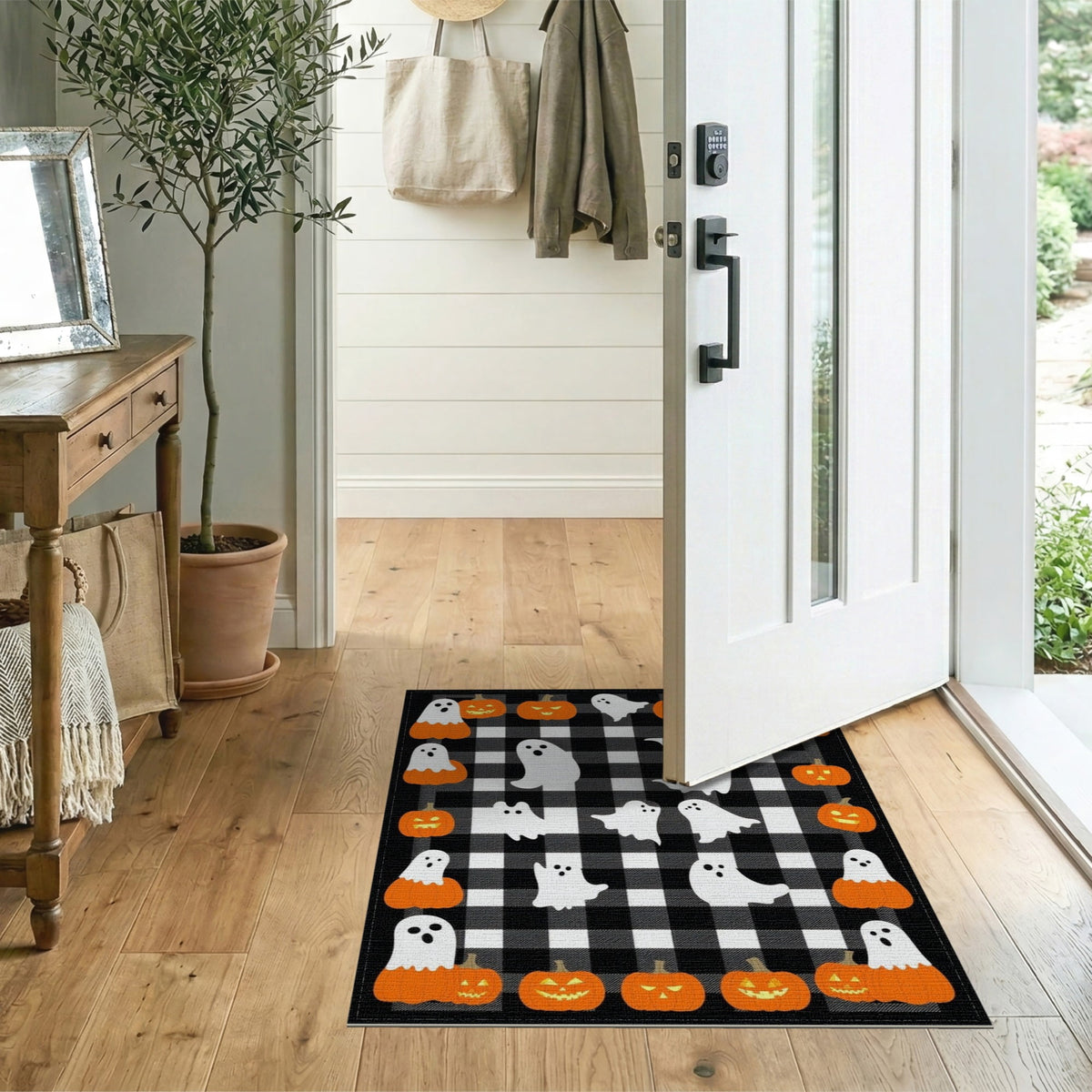 ODIKA Halloween Striped Pumpkin Ghost Farmhouse Welcome Fallc Door Pet Friendly & Kids Safe Play for Playroom, Bedroom, Reading Nook