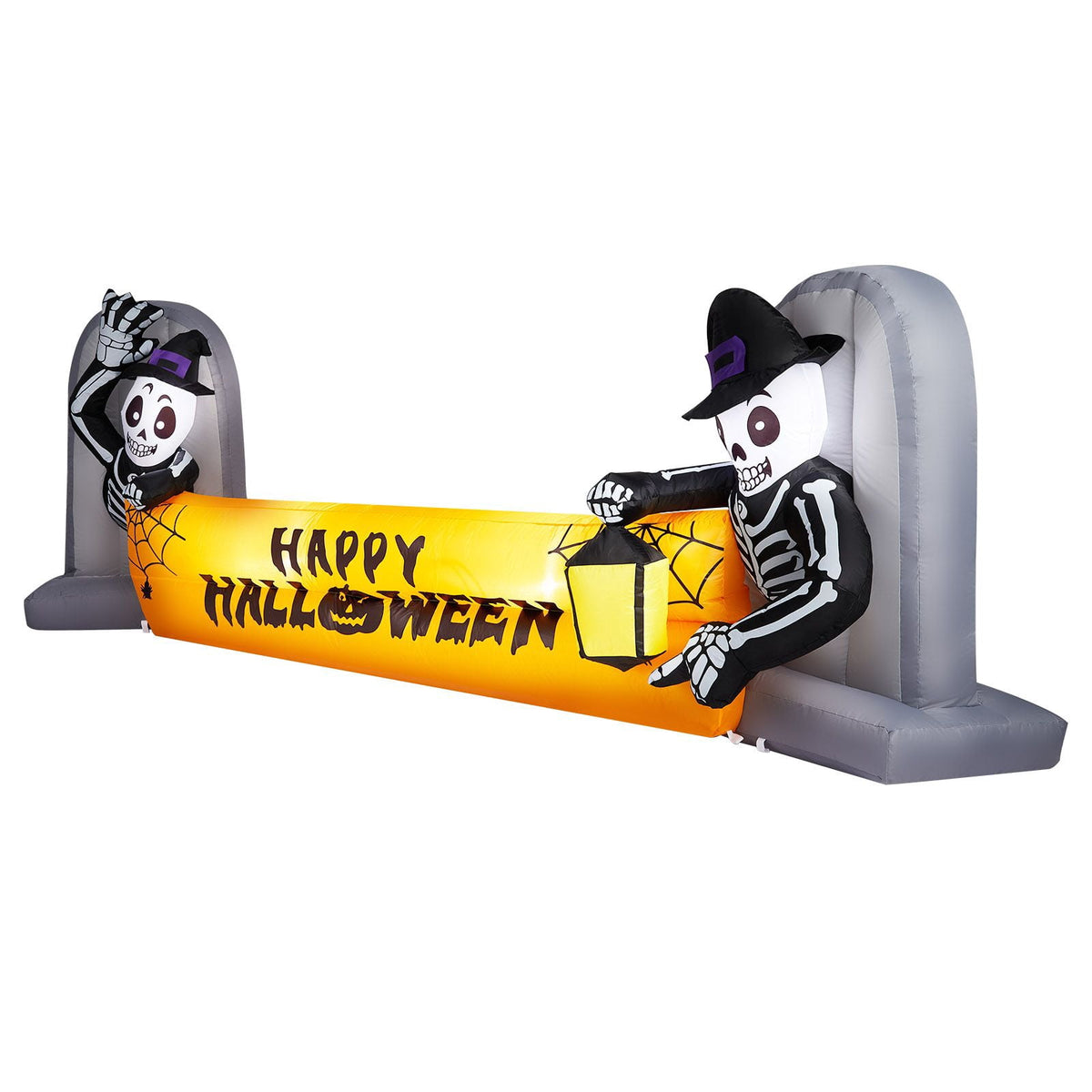 9.6FT Inflatable Skeleton Holding Happy Halloween Banner with LED Lights for Yard Garden Party