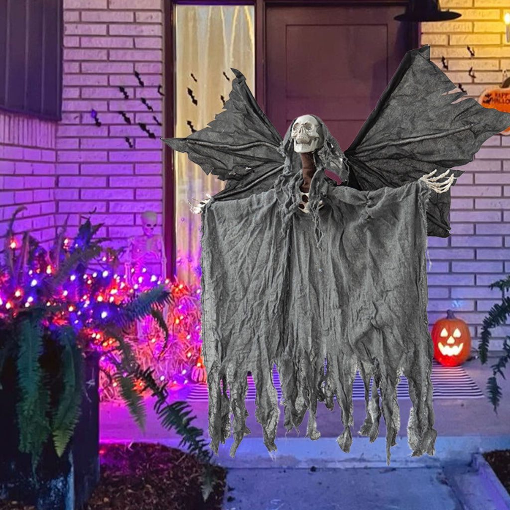 Zhourta Electric Flying Skeleton Ghost Animated Halloween Prop with Flapping Wings for Haunted Yard