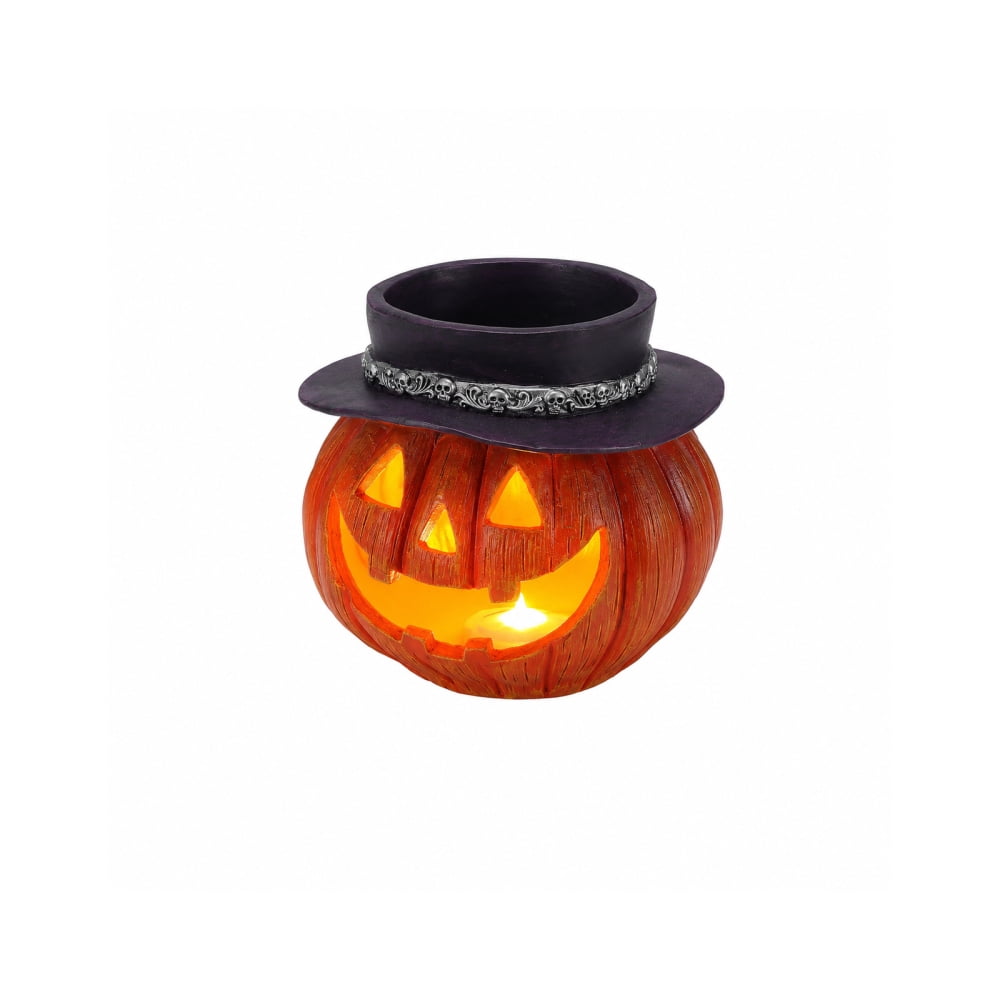 Light Up Pumpkin Candy Bowl with Witch Hat, LED Jack O Lantern Tabletop Decor, Spooky Resin Storage Container for Home Halloween Party