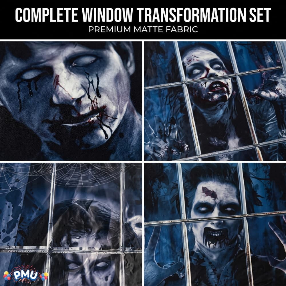PMU 7-Piece Halloween Garage Door Cover Set, 16 x 7 ft, Skeleton Window & Door Decorations