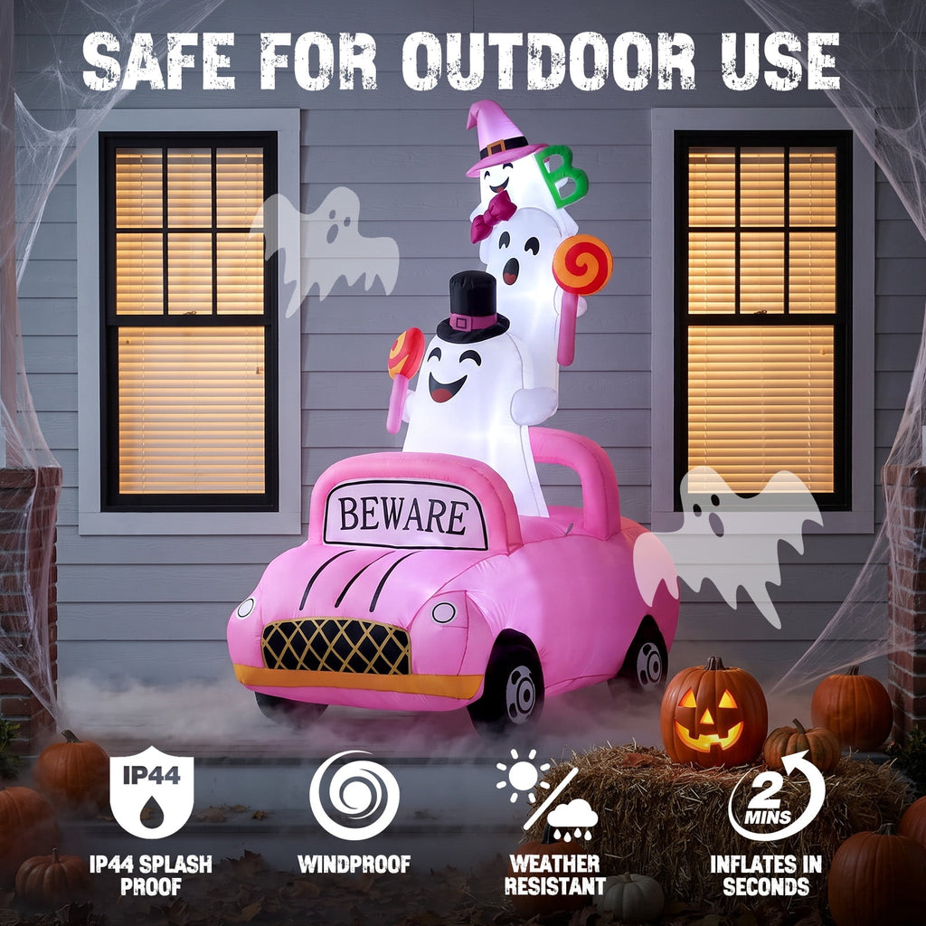 Ayieyill Halloween Inflatables, 8FT Ghost Driving Pink Car Halloween Decor Outdoor, Monster Truck Blow Up Yard Decorations