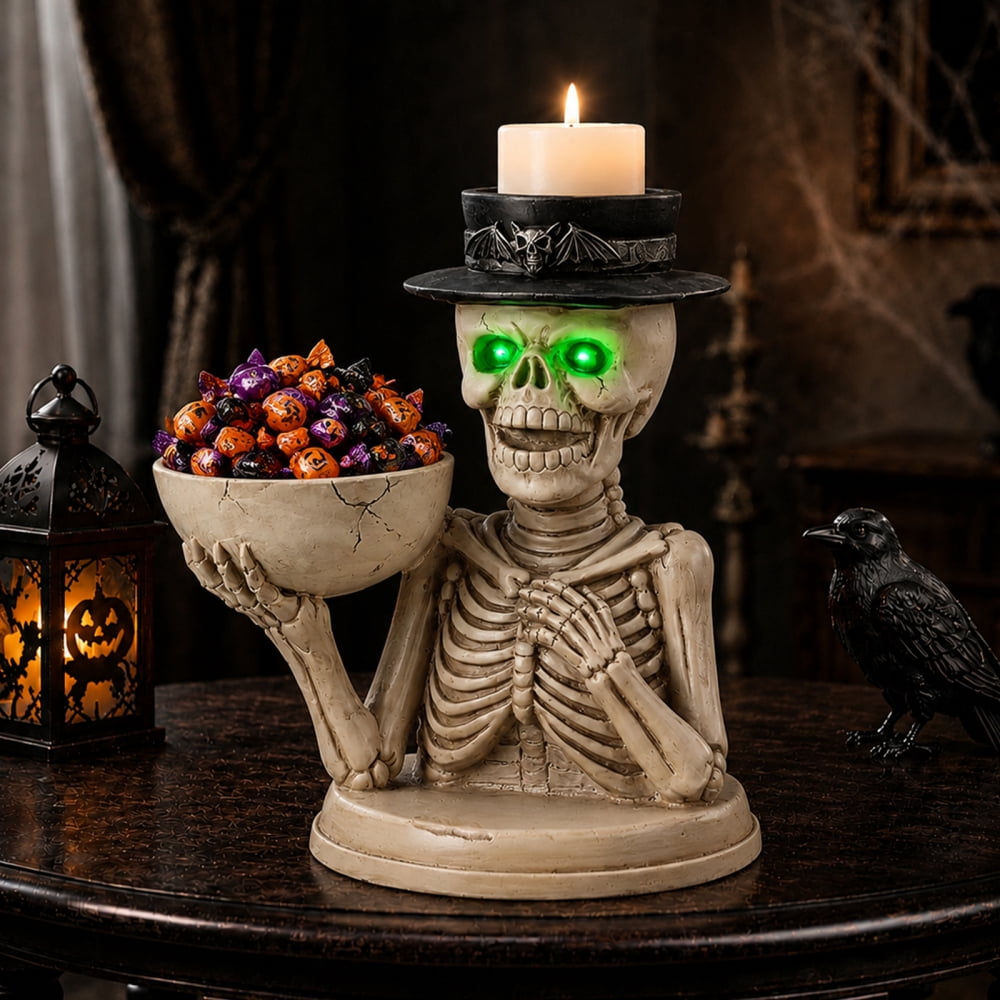Halloween Skeleton Butler Floor Statue with Serving Tray & Black Cat, Resin Gothic Home Decor for Entryway Porch Living Room