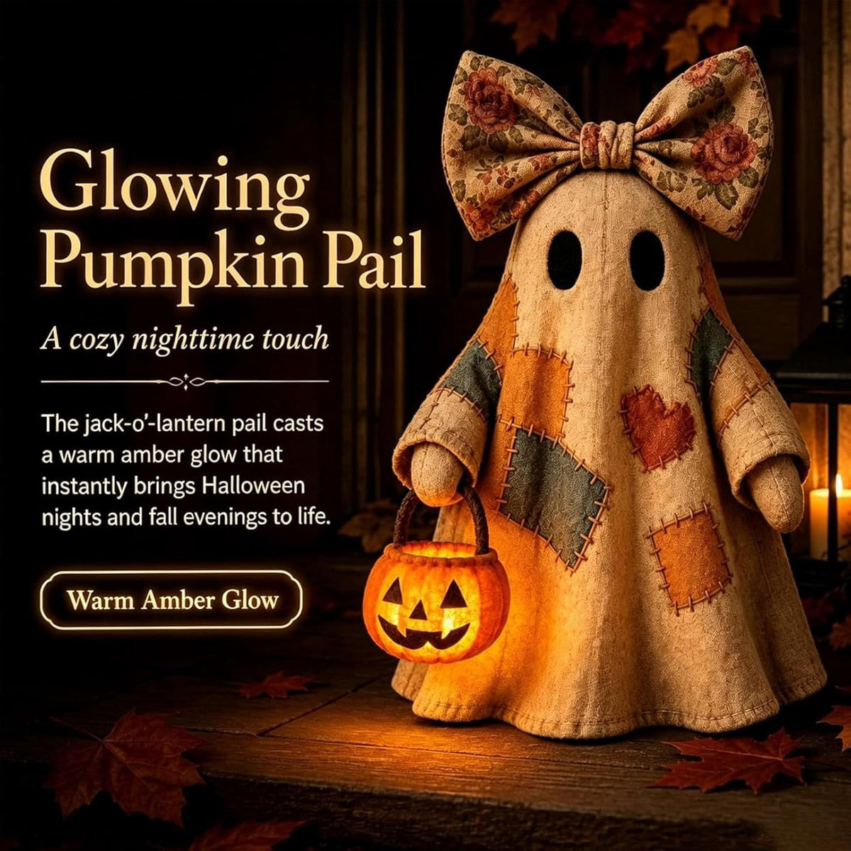 Lighted Vintage Patchwork Ghost, 13.8in LED Sweet Ghost with Pumpkin Lantern, Patchwork Ghosts Lamp for Halloween Decor, Harvest Fall Halloween Decorations for Mantel Shelf Entryway Porch (3Pack)