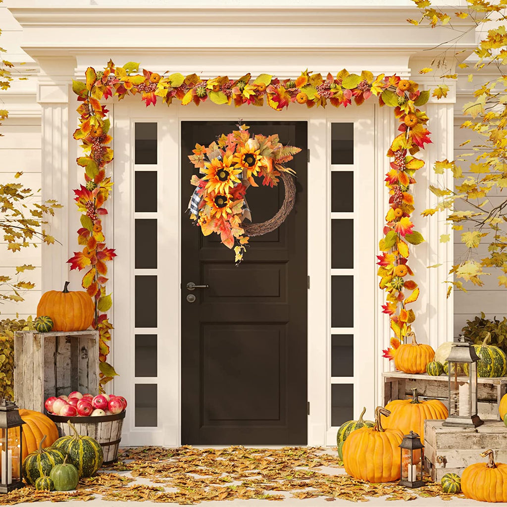 24 Inch Fall Wreaths for Front Door Outside, Fall Door Wreath with Pumpkins,Dahlia,Sunflowers, Maple Leaves,Autumn Wreaths Decorations for Harvest Thanksgiving Halloween Indoor Outdoor Home Decor