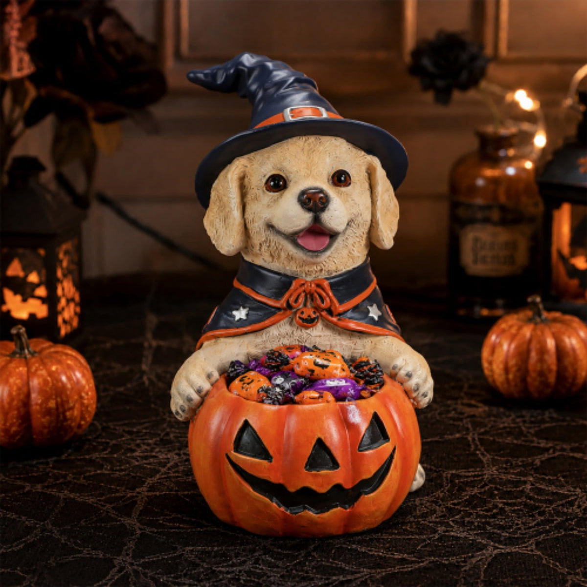 SpookHaven Halloween Jack‑O‑Lantern Pumpkin Mist Sprayer Figurine, LED Light‑Up Fogger with Witch Hat & Skull Decoration, Spooky Ornament for Tabletop Entryway Halloween Party Home Decor