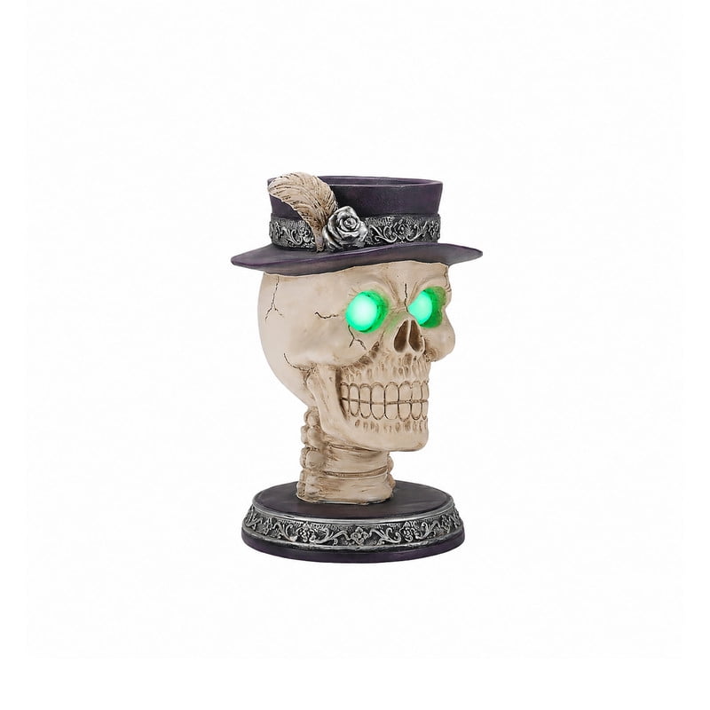 Halloween Resin Skull Candle Holder Figurine with LED Glowing Green Eyes, Skeleton Head Statue with Feather Top Hat, Spooky Tabletop Halloween Party Decor